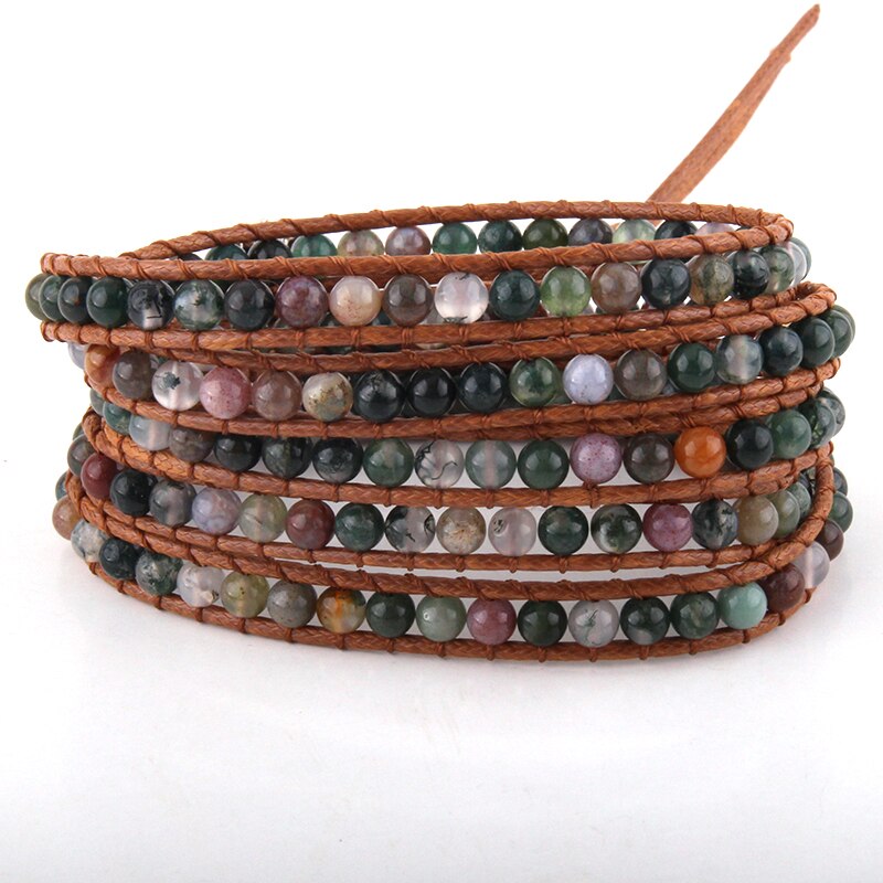 Joyería de para mujer, pulsera de cuero marrón hecha a mano, 5 hebras, piedras naturales de 4mm, pulseras envolventes, DropShippers