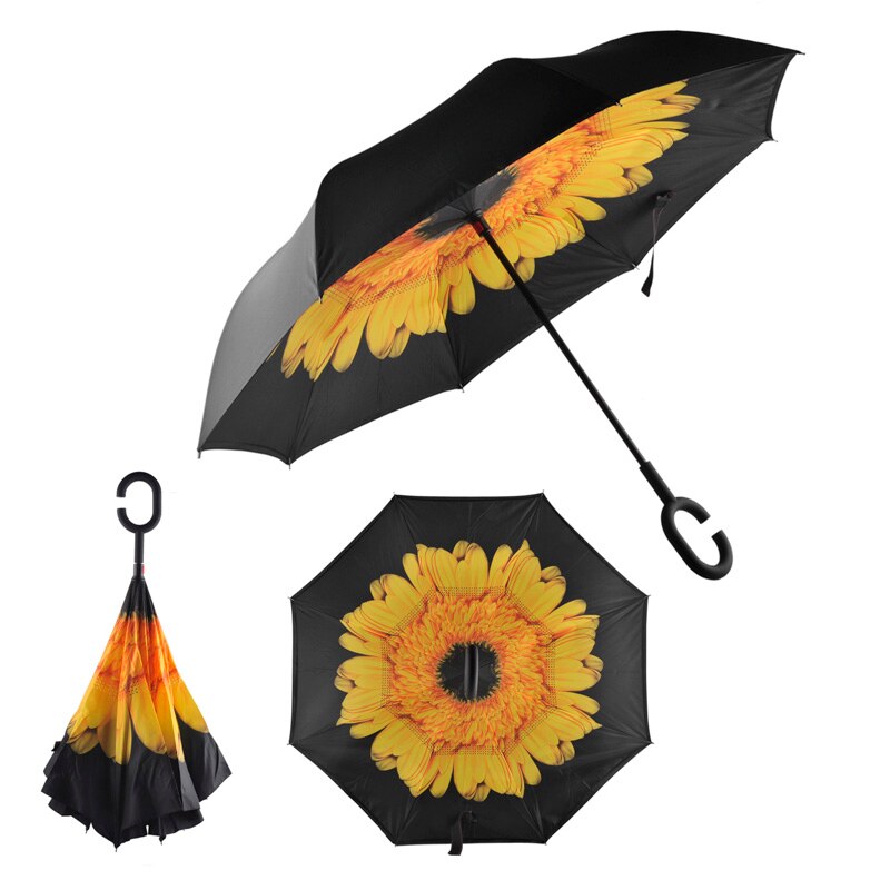 Windproof Folding Double Layer Sun Women Rain Inverted Umbrella Reverse Umbrella Self Stand Wind Proof C-Hook Hands