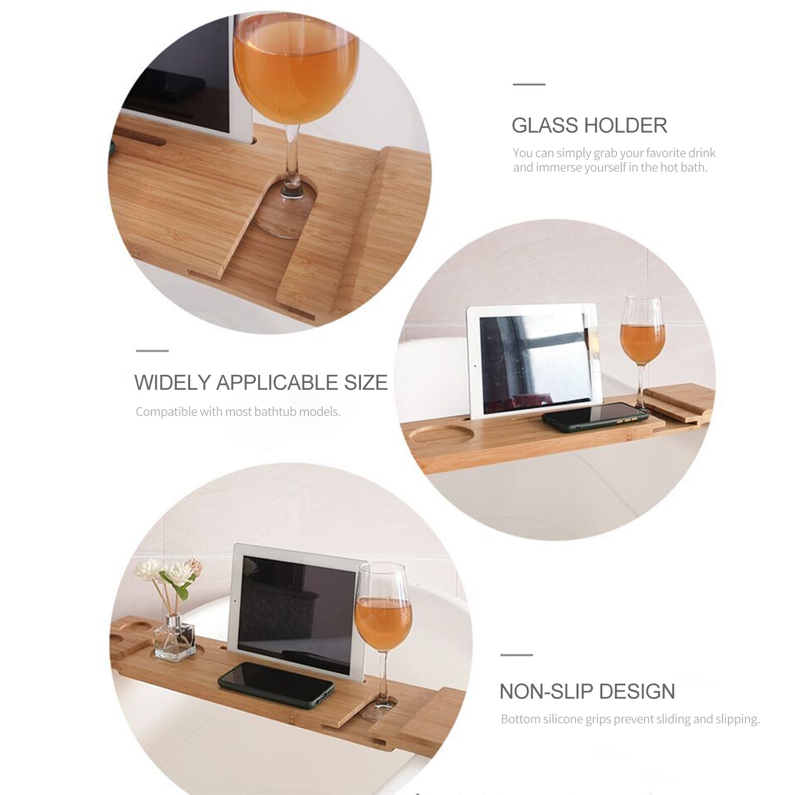 Bathtub Caddy Tray Bamboo Spa Bathtub Organizer Book Wine Tablet Towel Holder Reading Rack Nonslip Bottom Spa Bath tub Tray