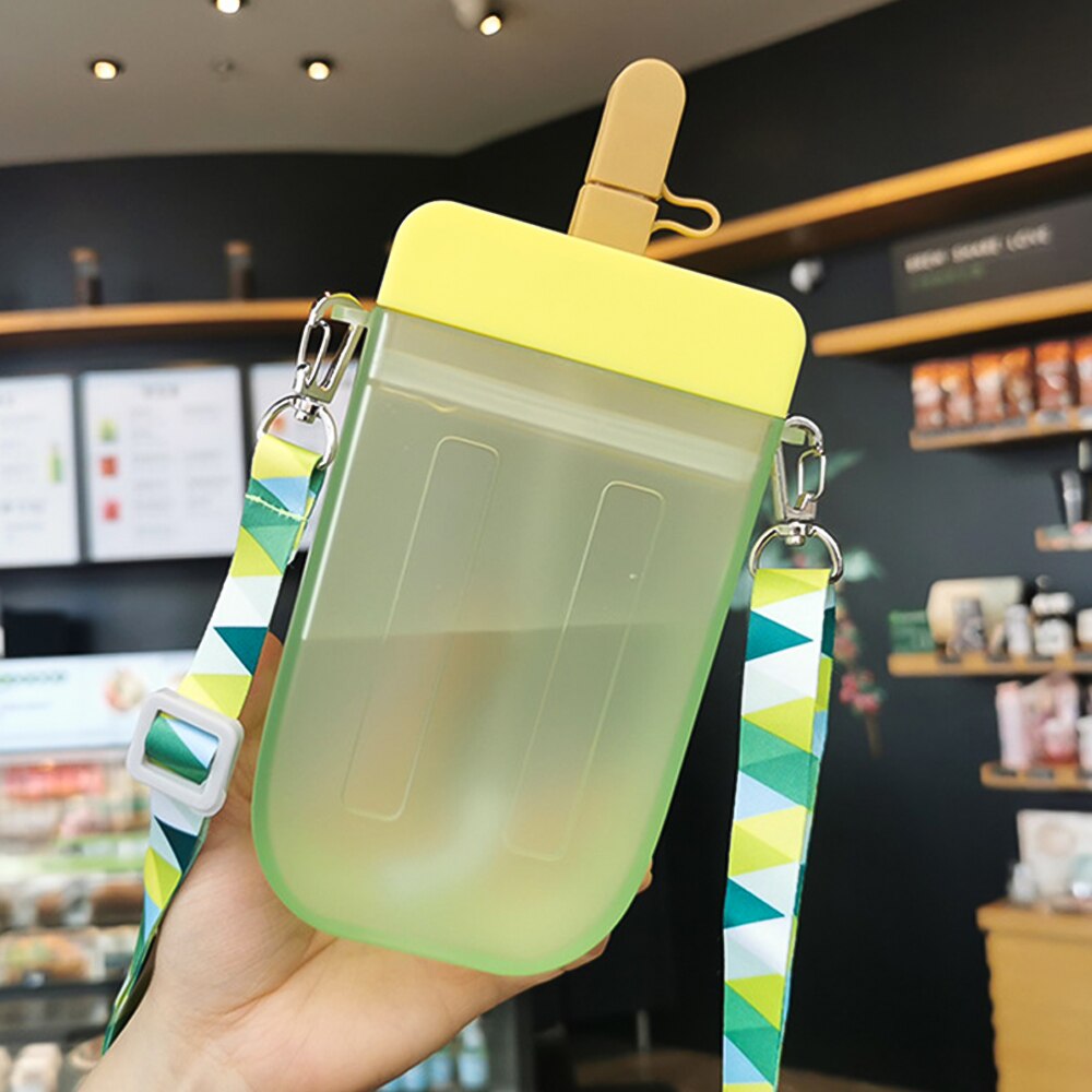 Cute Popsicle Ice Bar Water Bottle Transparent Juice Drinking Cup With Straw Strap Belt Popsicle Bottle With Straw Popsicle Wate: yellow