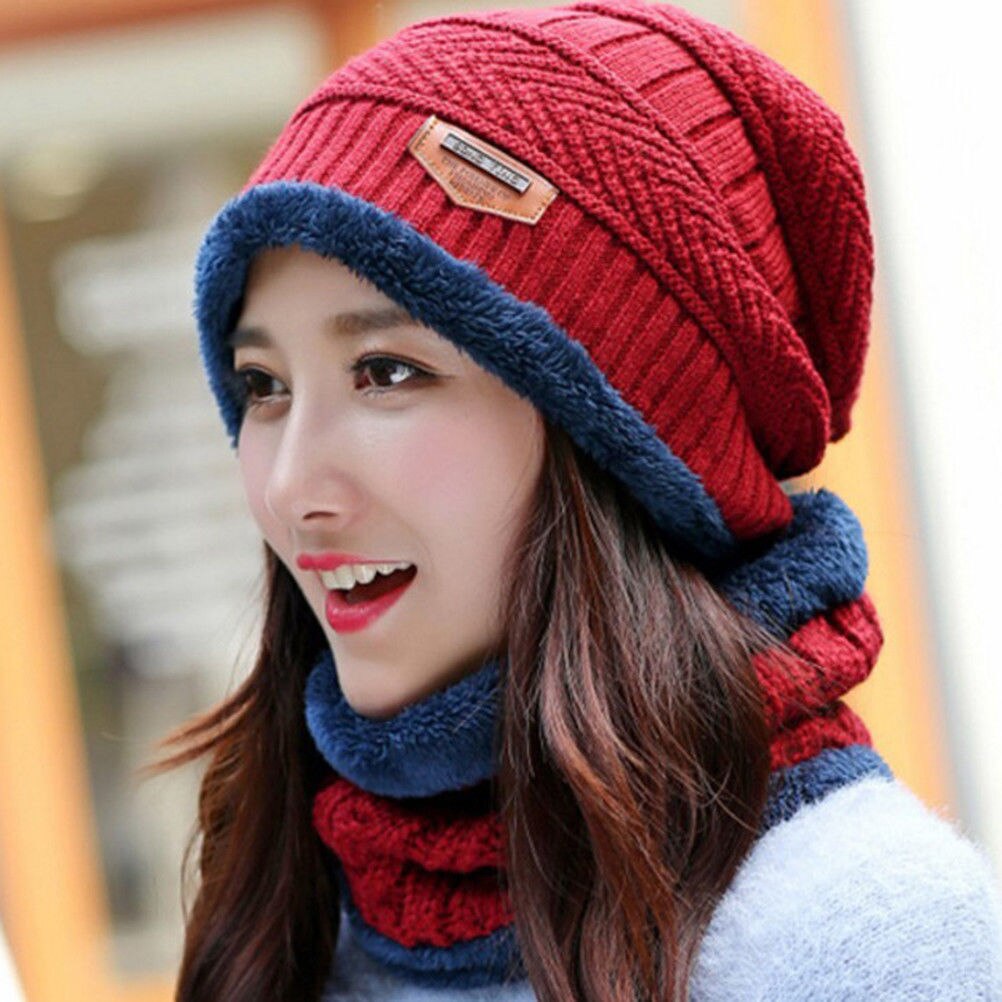 Menn kvinner vinter varm hekle strikket baggy beanie ull hodeskalle lue ski cap skjerf: Burgunder