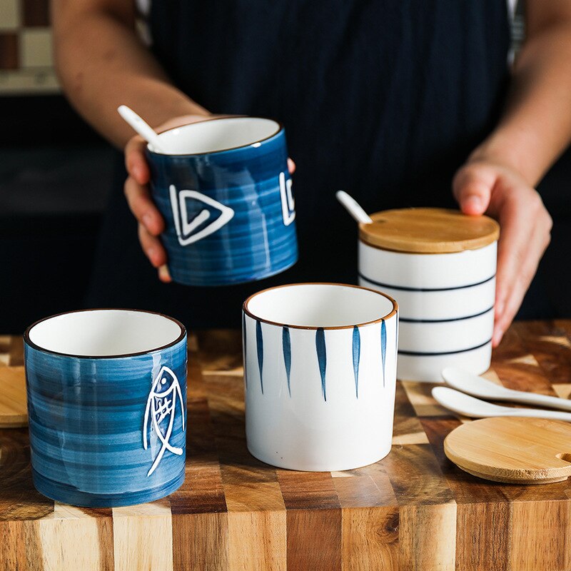 Japansk stil keramisk salt sukker peber honning krydderi krukke shaker krydderæske køkken tilbehør krydderi opbevaring krukker flaskeholder