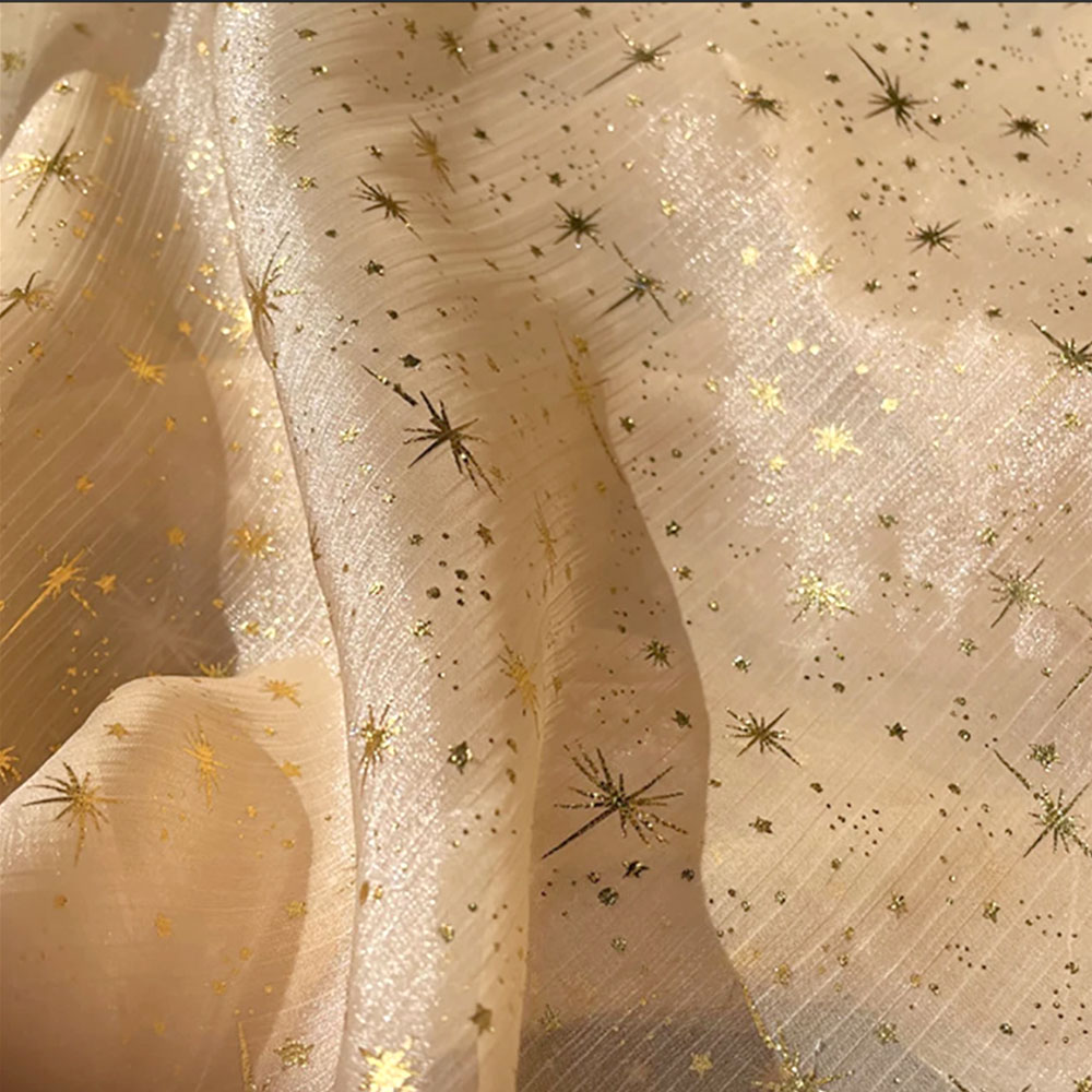 Bronserende skinnende krepp organza-stoff til damefestkjole i metervare glitter stjernemåne paljettnettgarn til diy-håndverk: champagne