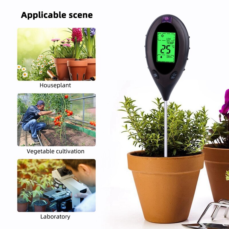 Soil PH Meter 4 in 1 Soil Temperature Solar Moisture PH Meter Tester for Garden Plants Flowers LCD Display