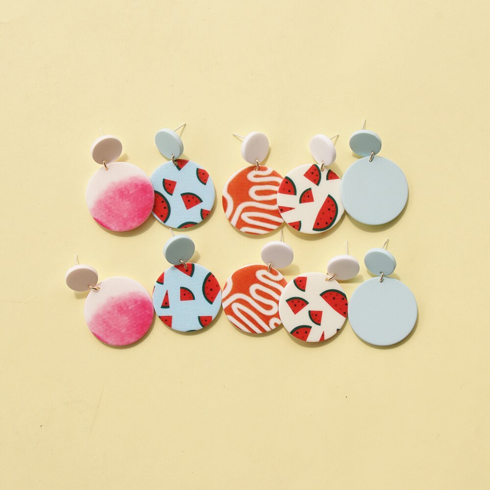 Round Watermelon Print Cute Fruit Earrings Classic Trendy Pink Blue Unique Dangle Earring Statements Vintage Jewelry