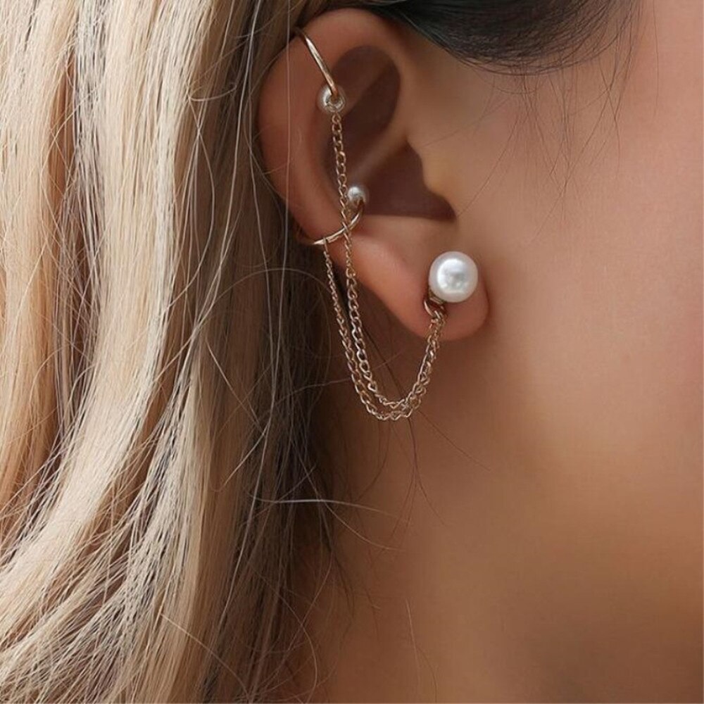Women Punk Hip Hop Long Chain Earrings Silver Circle Heart Statement Dangle Earrings Accessories Korean Jewelry: Pearl gold