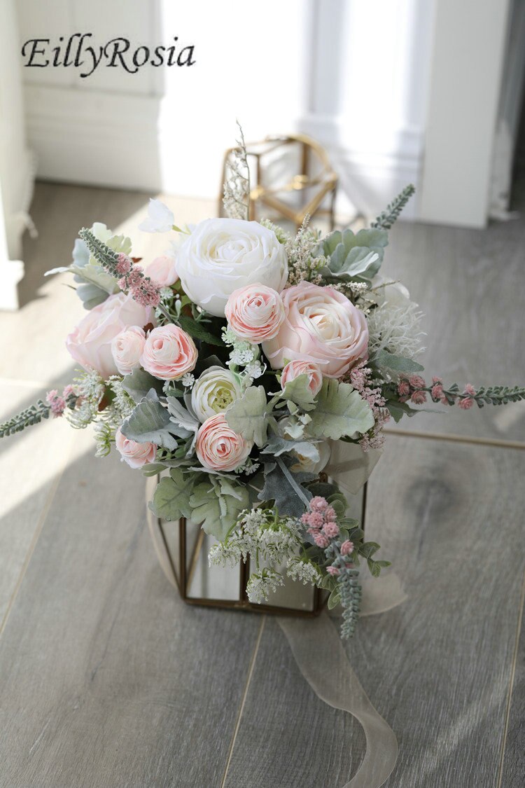 EillyRosia Pink and White Bride Bouquet French Roses Romantic Rustic Wedding Bouquet Decoration Bridesmaid Holding Flowers Hoop