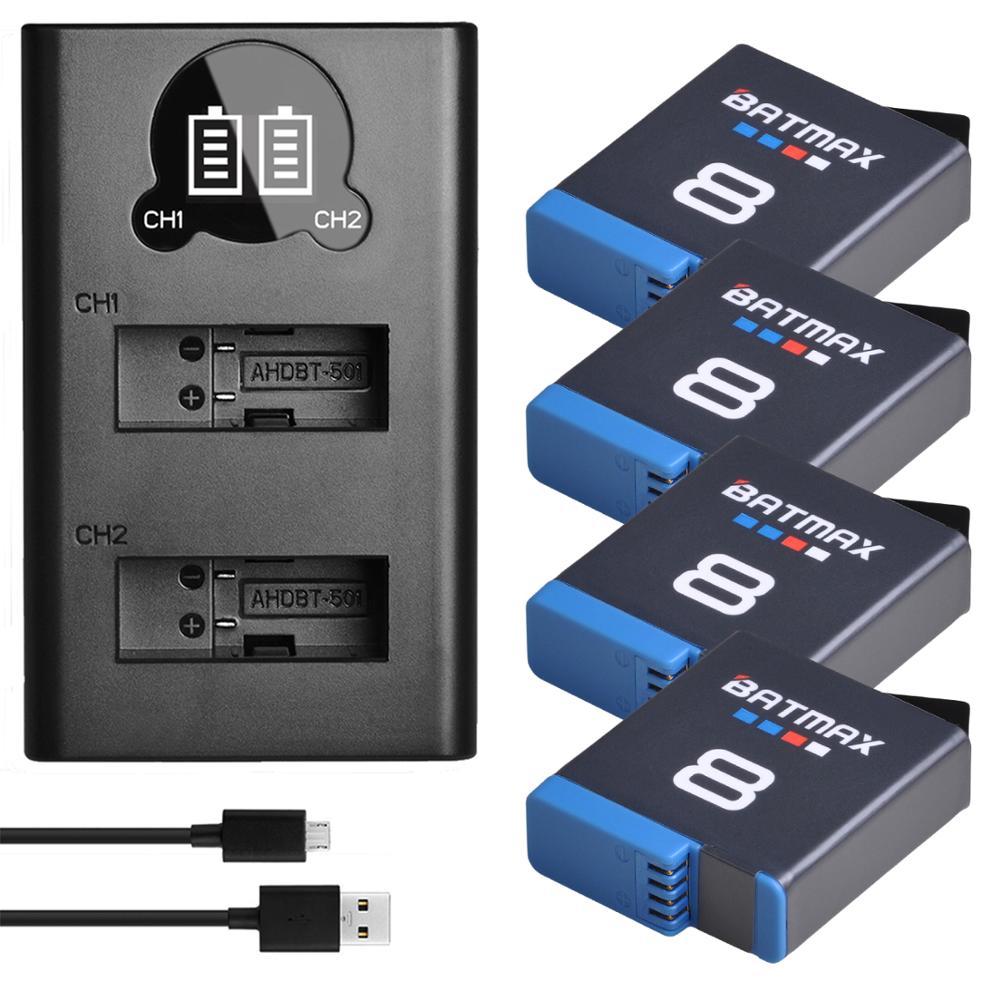 Batmax til gopro hero 8 hero 7 hero 8 6 hero 5 sort batteri akkus + usb lcd -oplader type c til go pro hero 8 kameraer: 4 stk sæt
