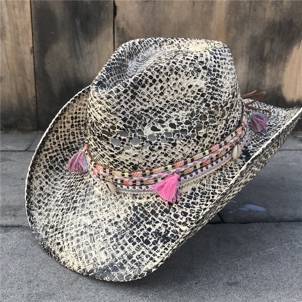 Sommer kvinder halmhul vestlig cowboyhue dame sombrero hombre hat fascinerende kvast sunbonnet cowgirl solhat: Hvid heq