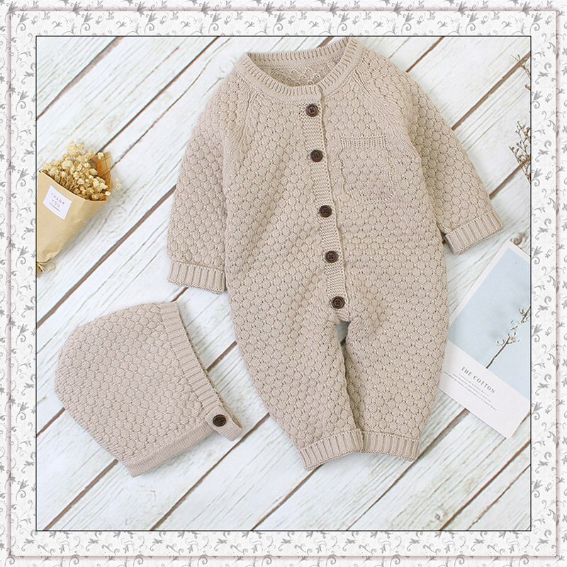 Kin Tted Truien Winter Soild Warm Romper + Cap 2 Stuks Jongen Meisje Baby Trui Volledige Mouw Kinderen Truien Jas kerst Kleding: Beige / 80(6-12M)