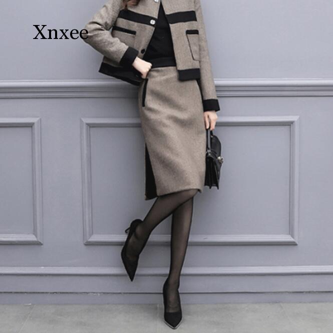 Trajes de lana Vintage para mujer, chándales elegantes de Corea de color marrón, chaqueta, abrigo, falda, conjunto de dos piezas para mujer