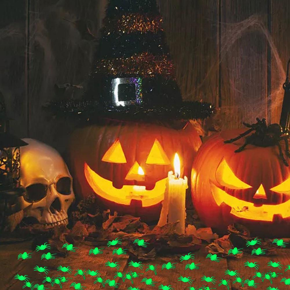 100 kpl halloween mini muovi musta valoisa hämähäkki vitsi vitsi syntymäpäivälelut diy koristeelliset hämähäkit juhlatarvikkeet