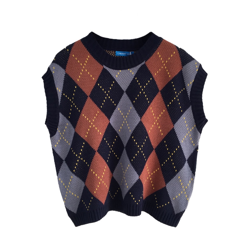 Herfst En Winter Koreaanse Stijl Gebreide Vintage Plaid Mouwloos Vest Truien Womens Truien Womens (C9052)