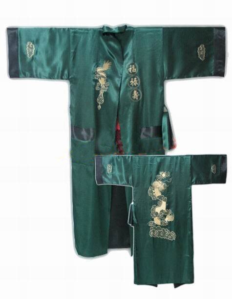 Rød sort kinesisk #39 vendbar silke satin broderikåbe kimono badekjole drage one size r -005