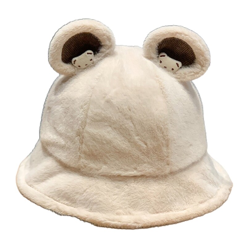 Lovely Fisherman Hat Cute Bear Ear Basin Cap Leisure Soft Sister Solid Color Bucket Cap Outdoor Activities Skiing Hiking: off white