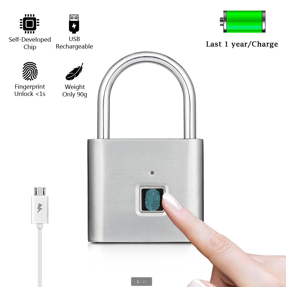 Nøglefri usb genopladelig dørlås fingeraftryk smart hængelås hurtig oplåsning zinklegering metal selvudviklende chip