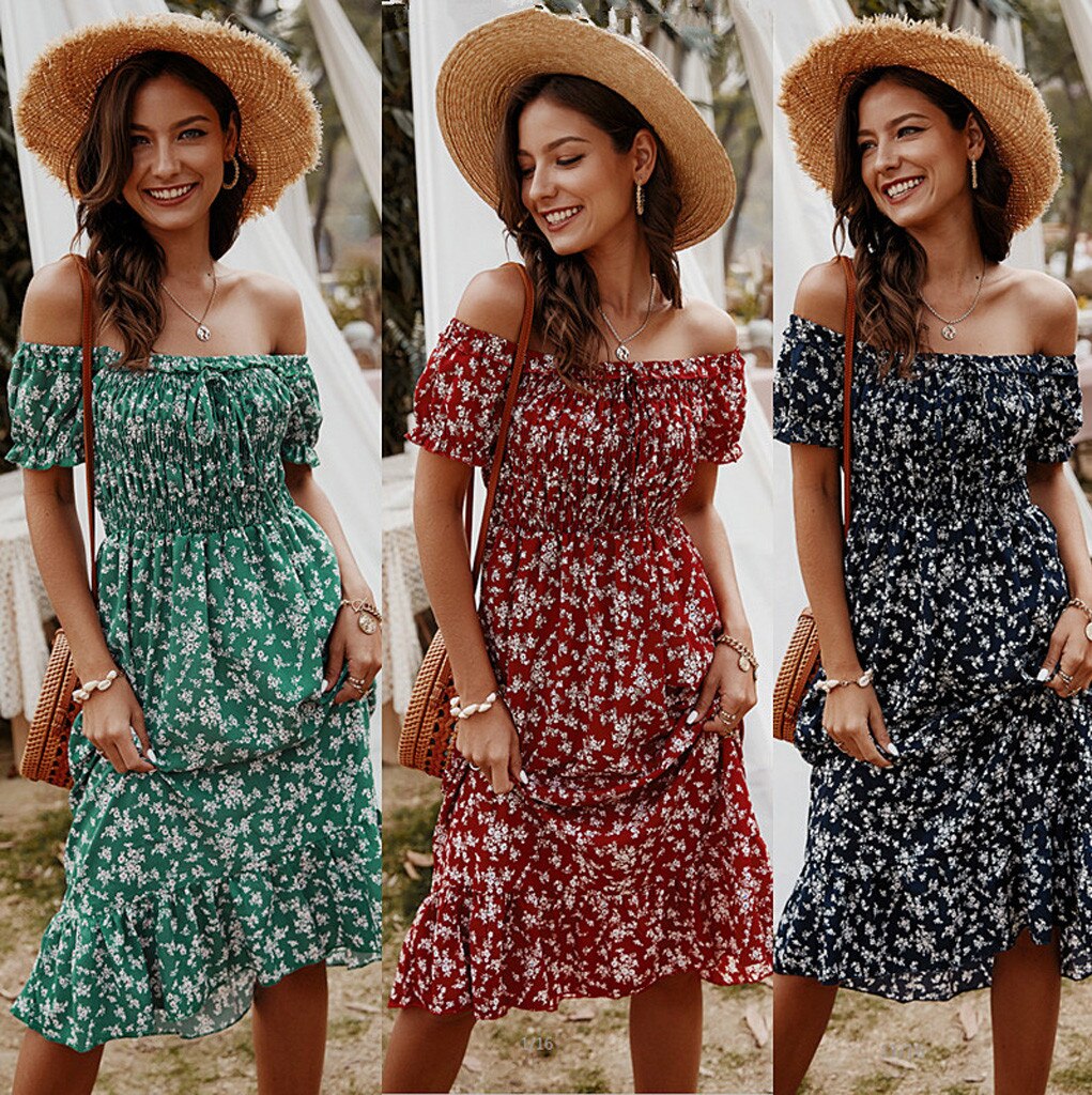 Women Dress Boho Floral Print Off Shoulder Ruffled Short Sleeve Sundress Summer Female Beach Dress Party Vestidos M140#