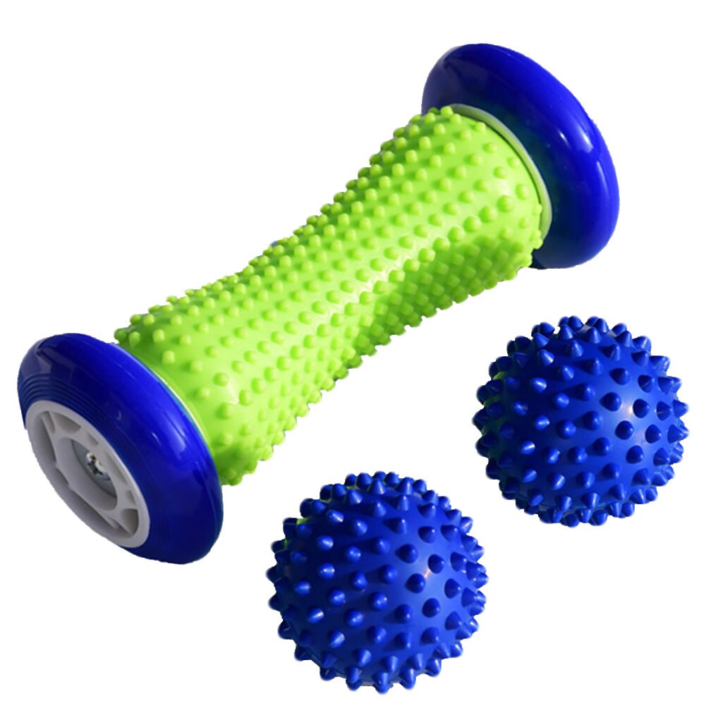 3 stk piggete fotrulle massasjeball yoga blokk fitness trening pilates foam roller body relax smertelindring ryggbein massasjesett: Blå