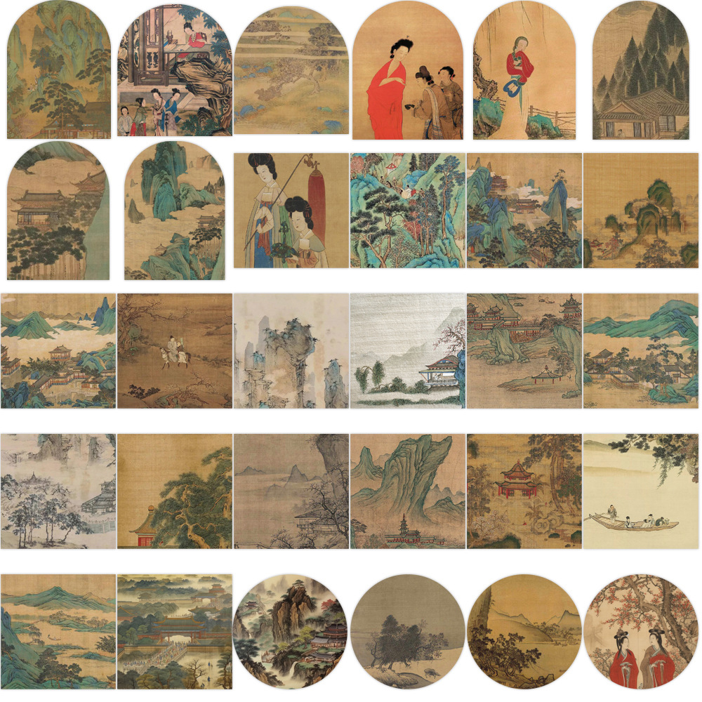 Autocollant de peinture de paysage ancien de Style Culture chinoise, étiquette murale pour valise, papeterie décorative pour carnet de notes, 10/30/50 pièces