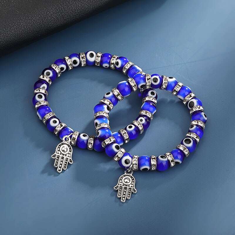 Mode Zilveren Kleur Evil Armband Blue Eye Armbanden Hamsa Hand Voor Vrouwen Bead Charm Armband Etnische Stijl Handgemaakte Sieraden