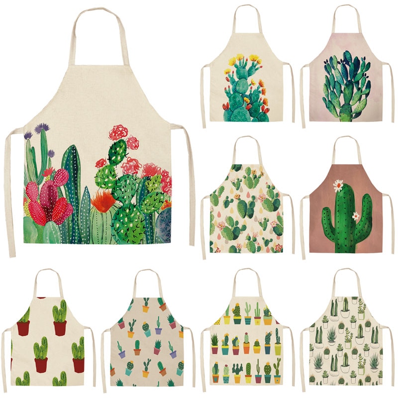 Tablier de cuisine motif Cactus pour femme, sans manches, en coton et lin, bavettes de cuisson à domicile, outils de nettoyage, 53x65cm, 1 pièce