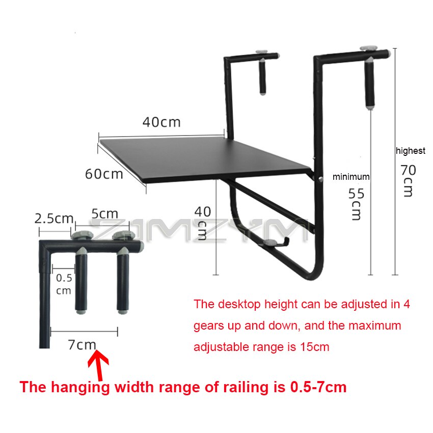 HIR1371 Kleine Mini Europese Moderne Eenvoudige Tuin Balkon Reling Metalen Koolstofstaal Wandmontage Vouwen Opknoping Leren Tafel: black 0.5-7cm