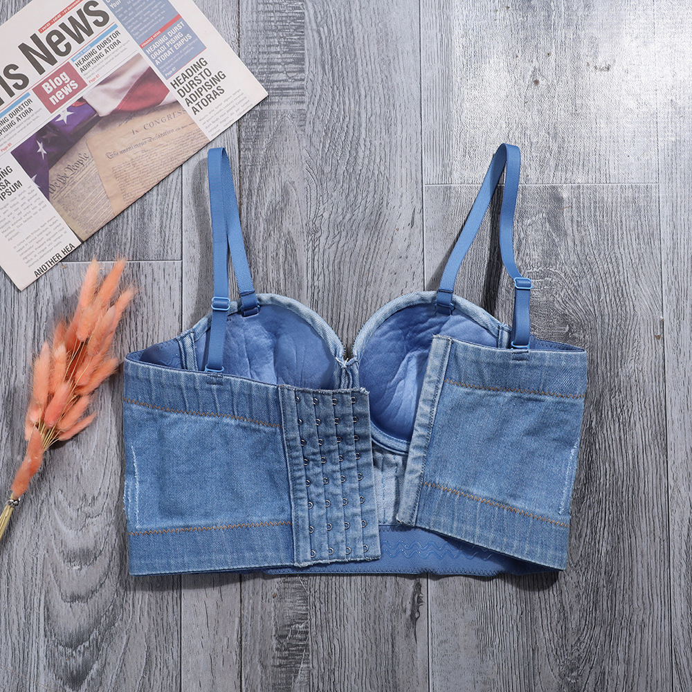 Europese Amerikaanse Nail Vormige Halter Riem Vest Netto Rode Wear Ondergoed Stadium Kostuum Gestreken Boor Denim Corset Sexy Vrouwen