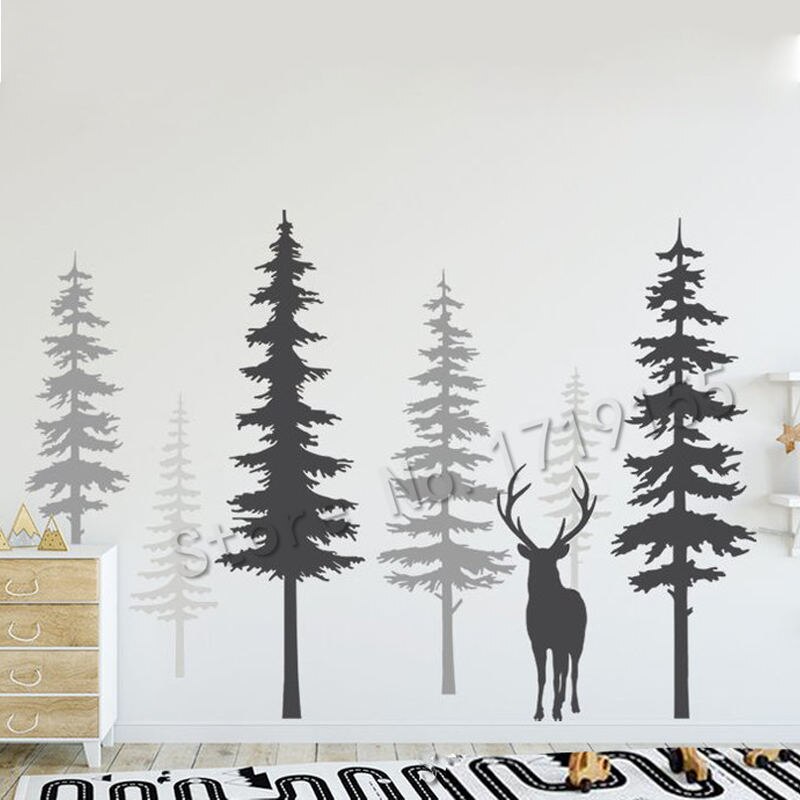 Nursery Wall Decal Pine Tree Wall Stickers Large Deer Wall Decal Removable Nursery Tree Mural Nature Decals ZW491: 1 / 188x123cm