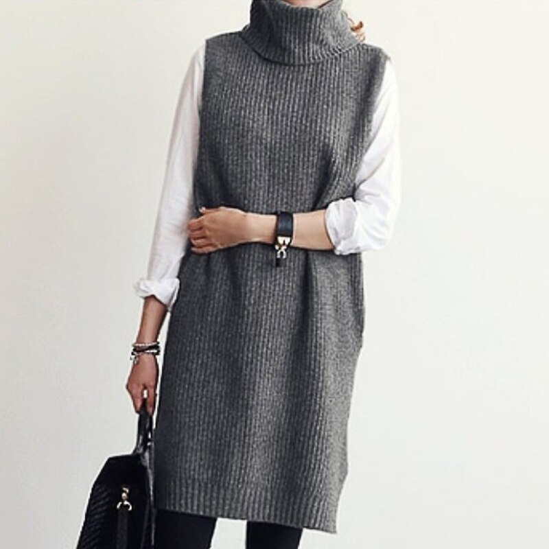 Frseucag høj cashmere højhalset strik ærmeløs vest lang alsidig frakke vest pullover til kvinder
