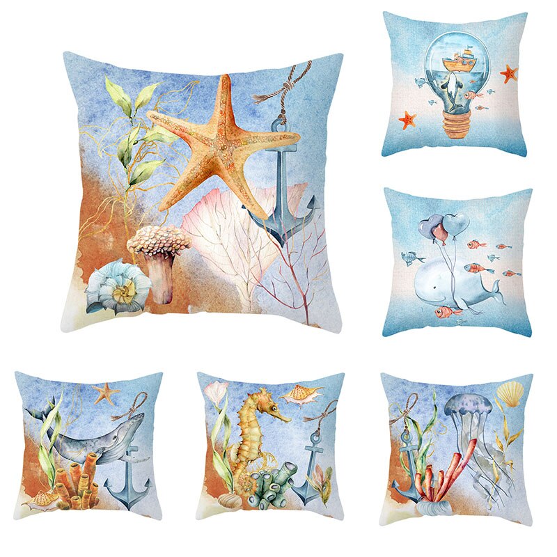 Taie d'oreiller de chambre à coucher pour bébé, 45x45cm, forme géométrique, fond de mer bleu océan, motif étoile de mer, dauphin