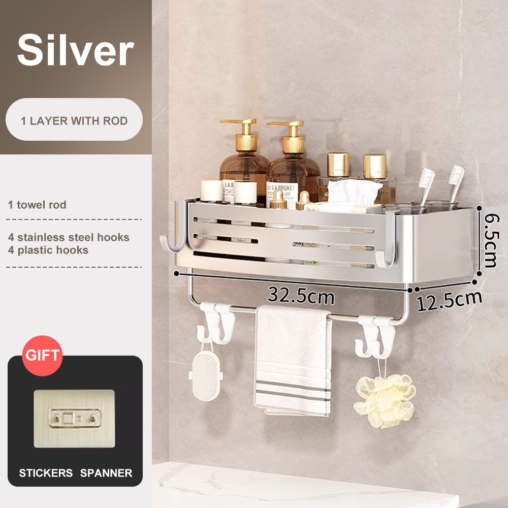 1-2PCS Badezimmer Eckregal mit Kunststoff Haken Handtuchhalter Kein Bohrenraum Aluminium Dusche Lagerregal Badezimmer Organizer