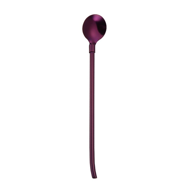 Pajitas reutilizables para beber, cuchara de acero inoxidable, pajilla de bebida larga, portátil, Color arcoíris, cuchara agitadora de cóctel: Púrpura