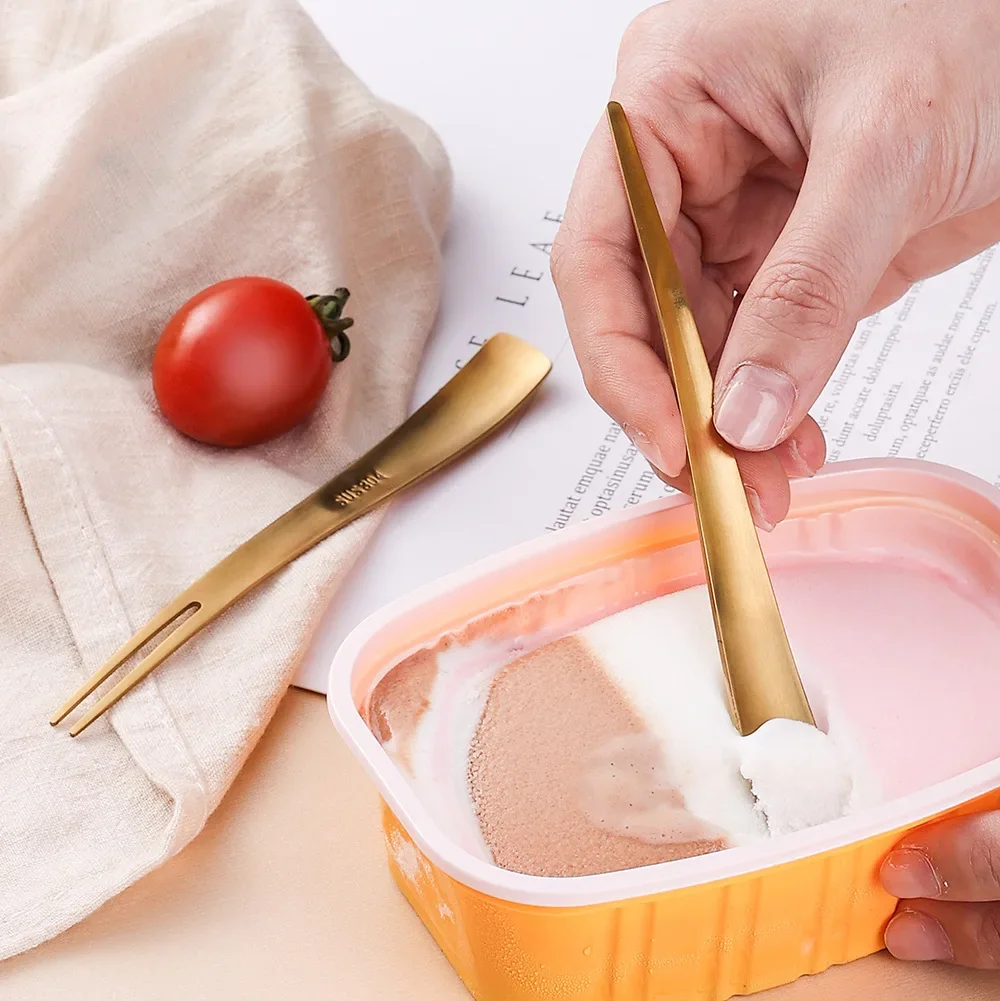 2in1 Fruit Fork 304 Stainless Steel Dessert Fork Food-grade Mixing Spoon Mini Fruit Stick Perfect for Cake Fish Coffee Ice Cream