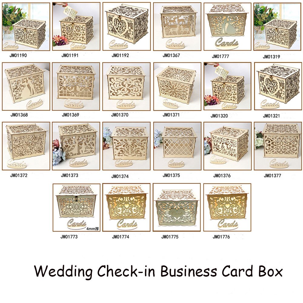 Wedding Card Boxes Wooden Box Wedding Supplies DIY Couple Deer Bird Flower Pattern Grid Business Card Wooden Box