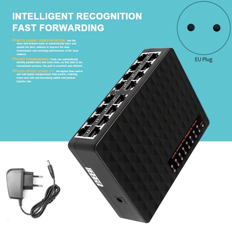 16 Ports 10/100Mbps Network Switch Fast Ethernet LAN RJ45 Vlan Hub Desktop PC Switcher EU Plug