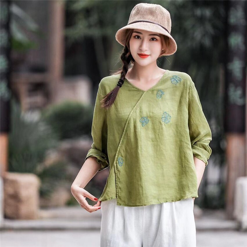 Tops de estilo chino tradicional para mujer, ropa de talla única de lino de Color sólido, camiseta de manga larga con escote en V fino estampado, novedad de: Color5