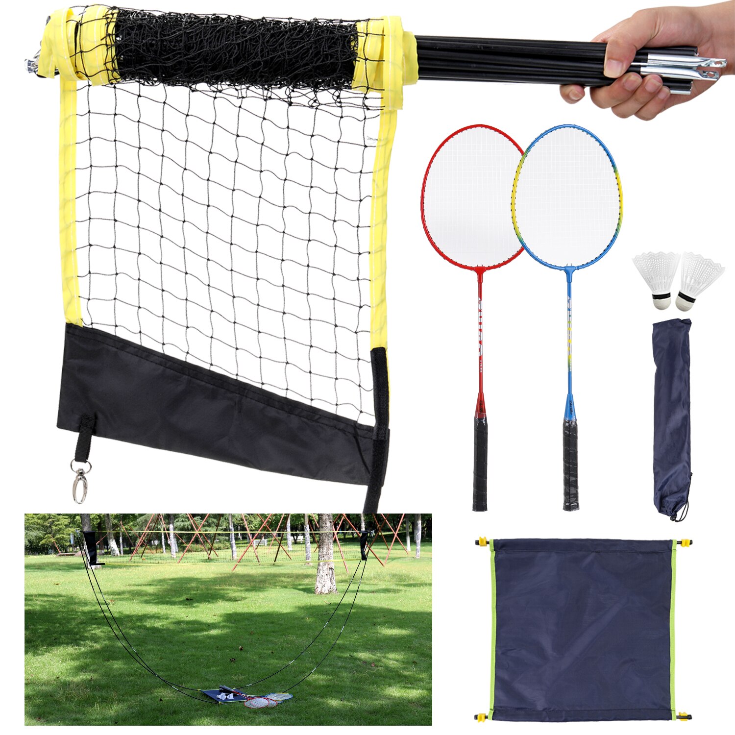 Sport badminton set badminton rackets, birdies, net, verstelbare palen strand of achtertuin combo set games badminton racket set: Set 1