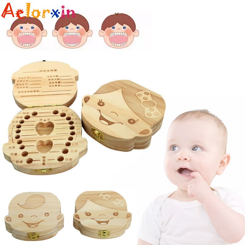 Engels/Spaans/Frans/Russisch/Italiaans Tand Baby Doos Houten Melk Tanden Doos In Spaans in-Engels Box Voor Baby