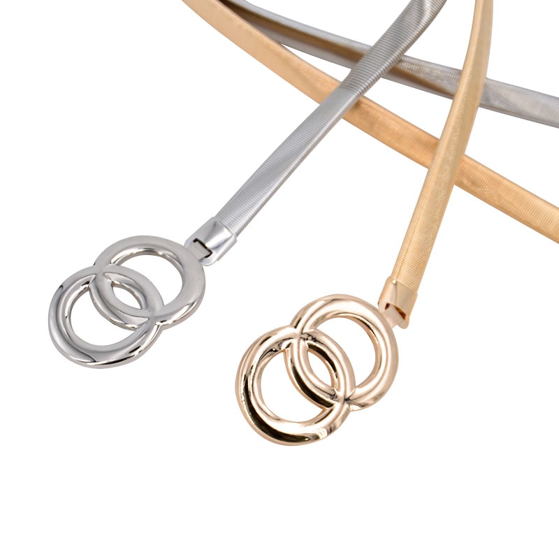 Cinturón con cadena y anillos dobles para mujer, cinturón elástico de plata y oro, cinturón de Metal fino para vestido de mujer