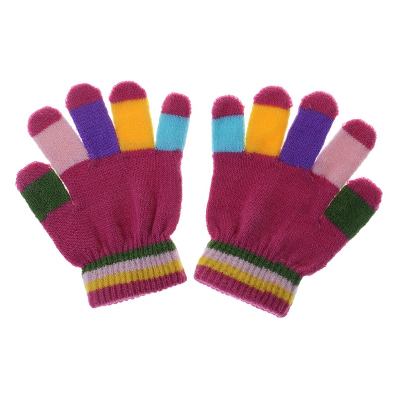 1 par børnehandsker fuldfinger varm vinter børn farverige stribe strikkede drenge piger solid handske flerfarvet elastik