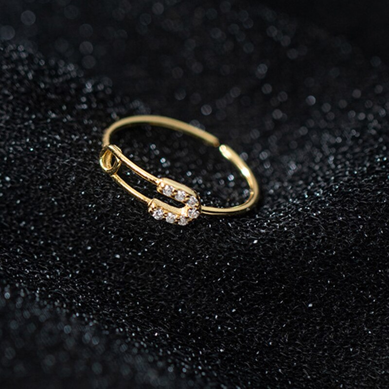 925 Sterling Silver Women's Ring Safety Pin Ring with Stone Adjustable Opening Jewelry Wedding Engagement