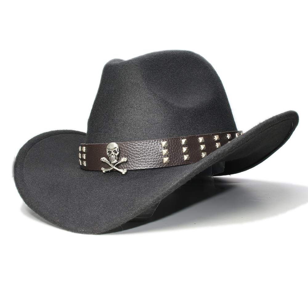 Kvinder mænd/barn barn retro uld cowboy western cowgirl bowlerhat bred skygge fedora kasket kranium læderbånd bånd  (57cm/54cm- juster: Sort / Voksen størrelse 57cm