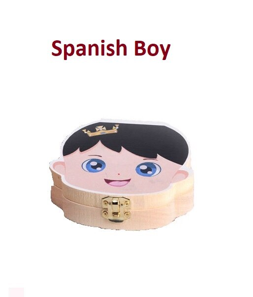 Caja de dientes de bebé colorido español inglés francés italiano caja de dientes de madera organizador guardar dientes de leche almacenamiento de madera: Spanish Boy
