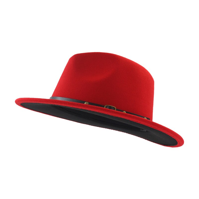 Unisex flad kant uldfilt fedora hatte med bælte rød sort patchwork jazz formel hat panama cap trilby chapeau til mænd kvinder: Rød sort