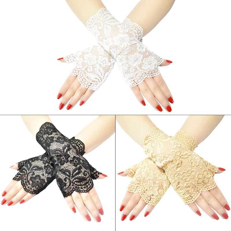 Guantes sin dedos de malla transparente para boda para mujer, manoplas brillantes de encaje Floral Jacquard