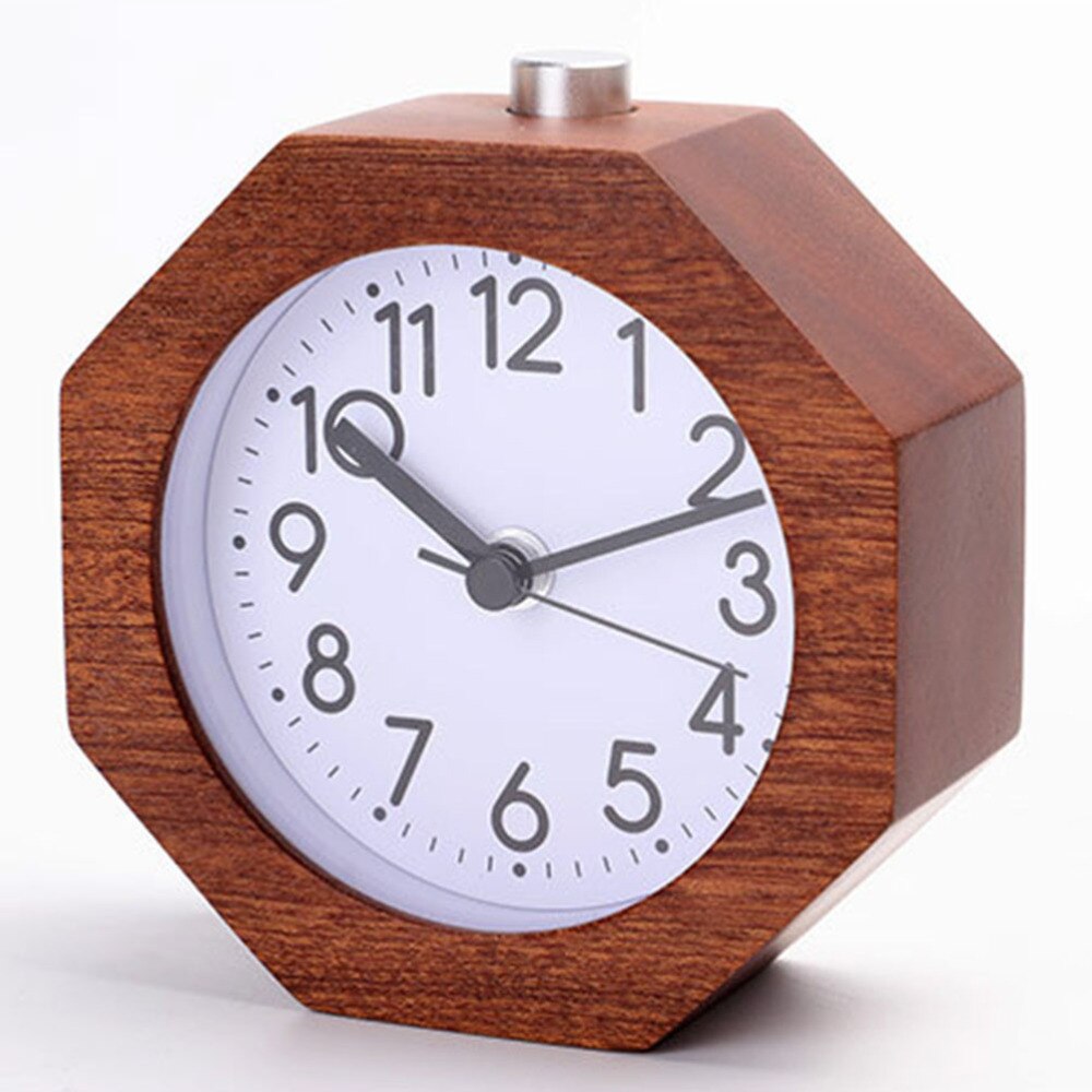 Polygon Beech Material Alarm Clock Lazy Night Light Alarm Clock Student Bedside Clock(Octagonal Brown Wood,without Batt