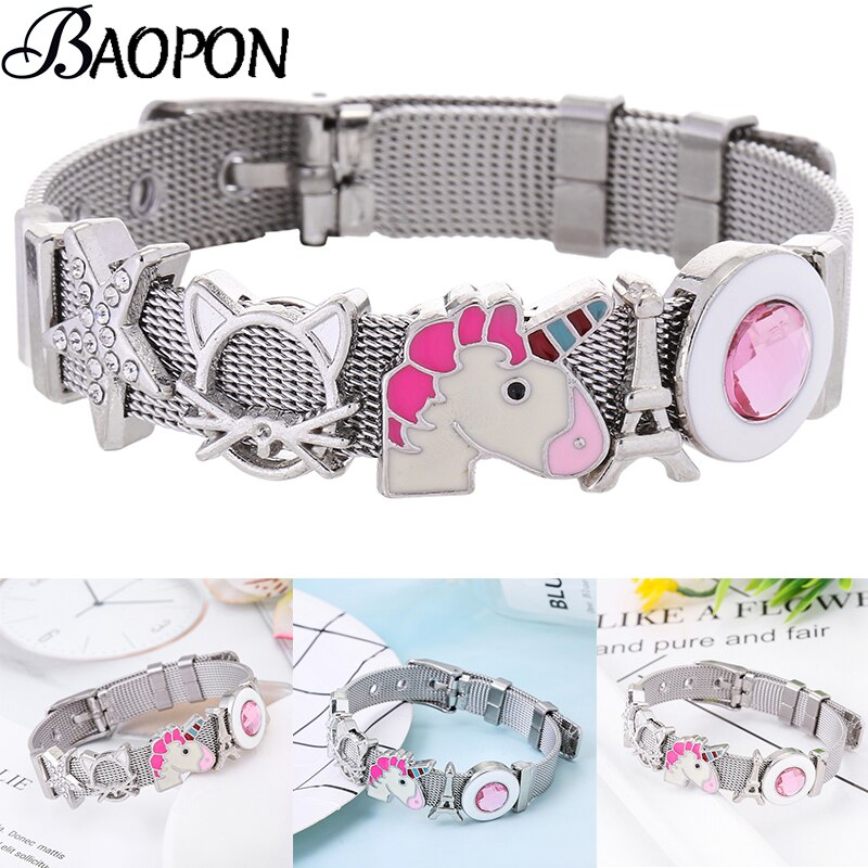 BAOPON Charm Jewelry Silver Color Stainless Steel Mesh Bracelets Set Unicorn Tower Fine Bracelets Bangles for Woman