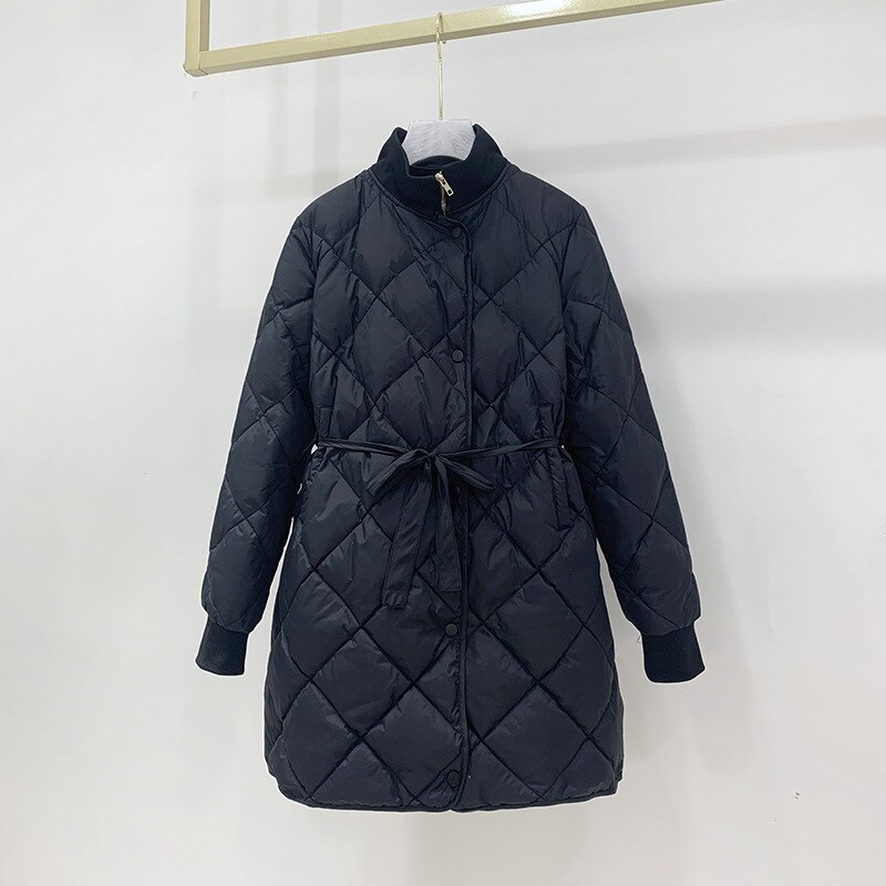 femmes longue doudoune hiver col montant Plaid blanc canard vers le bas manteau femme mince avec Blet Parkas Outwear