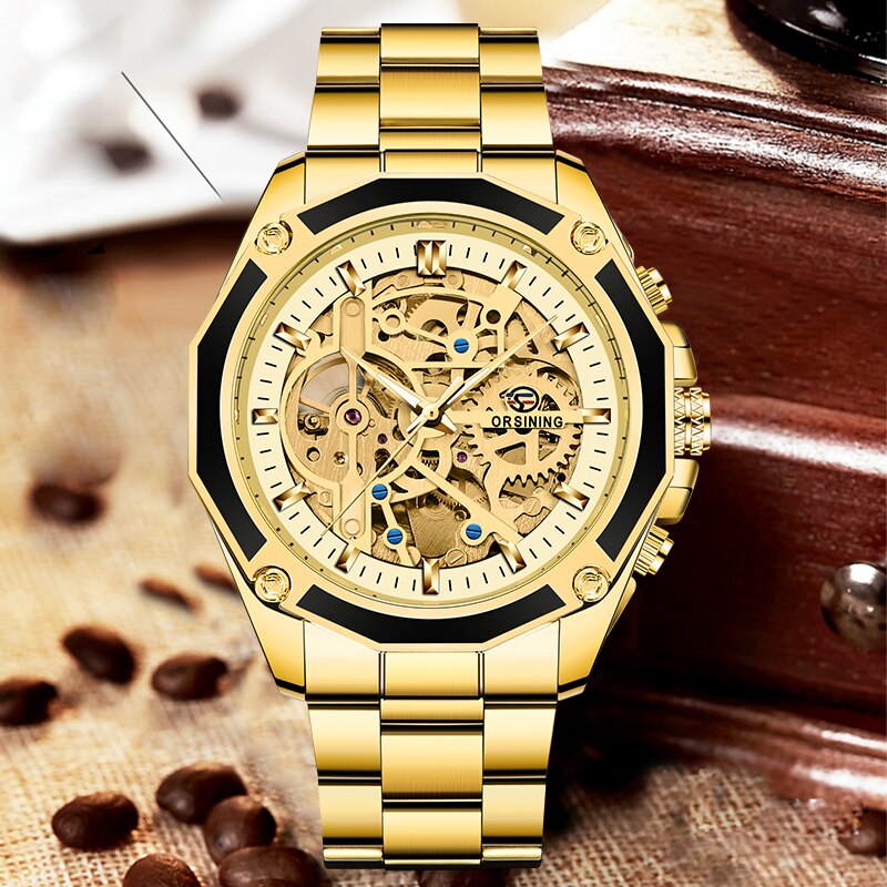 Forsining Rvs Waterdicht Heren Skeleton Horloges Top Luxe Transparante Mechanische Sport Mannelijke Horloges: all gold