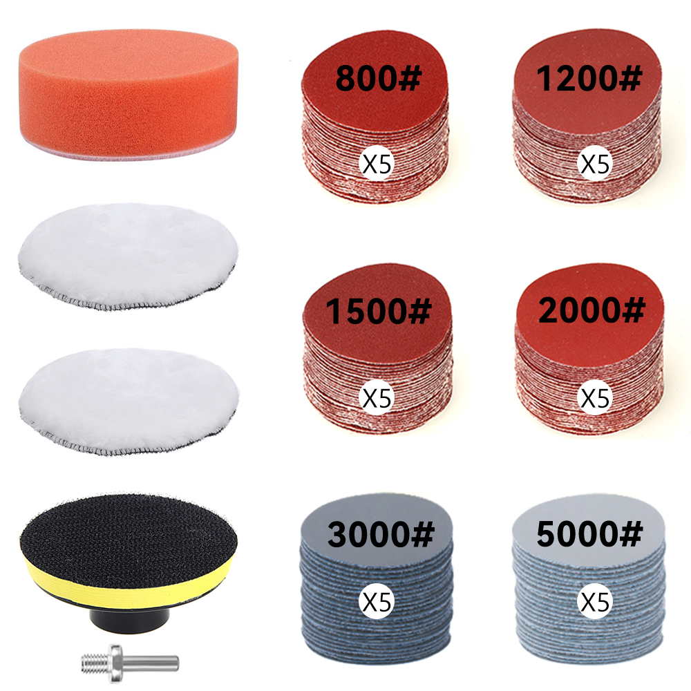 Kit de restauración de faros, herramientas de renovación de limpieza y lavado de detalles de coches, papel de lija, esponja para encerar, almohadilla de pulido, disco de lijado: Blanco